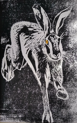 Image courtesy of Jane Dent Lino cut of hare by Jane Dent
